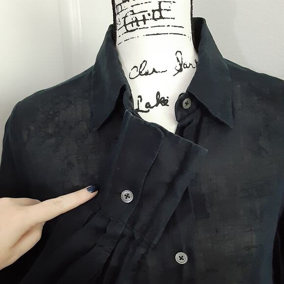 Vintage 90s 100% Linen Button Down Shirt Dark Navy Collared Roll Tab 14 Resort - Picture 3 of 7